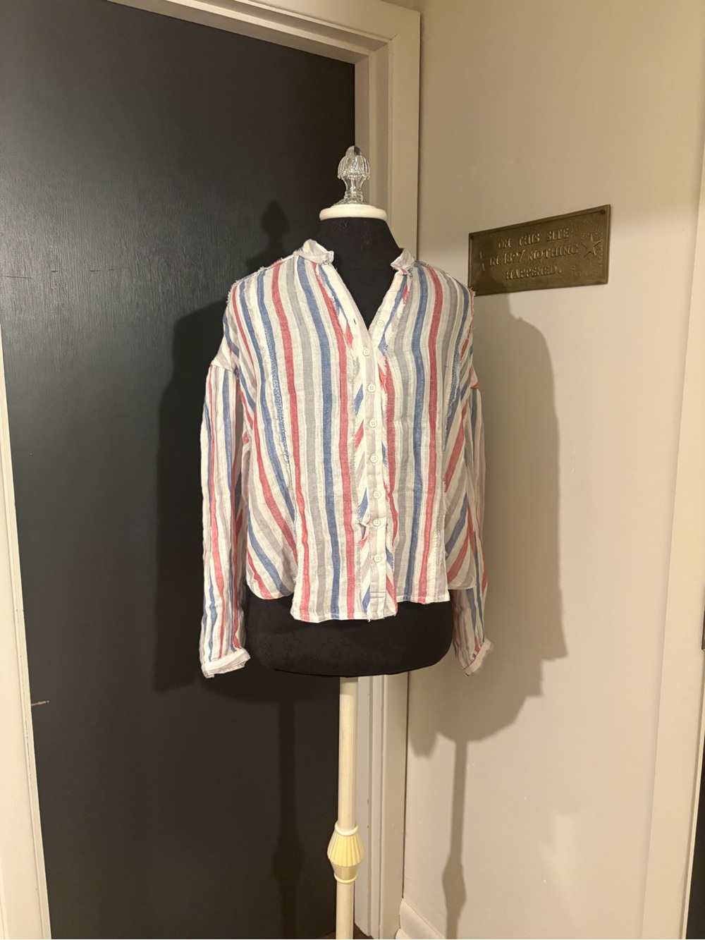 Free People Striped Button-Down 100% Cotton Shirt in White, Red & Blue